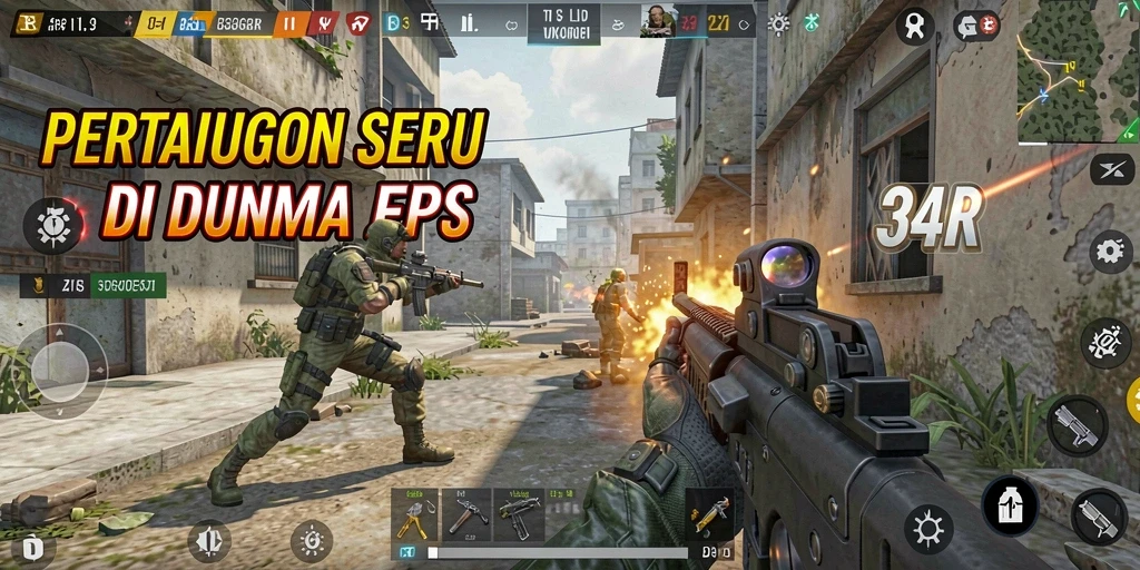 Tampilan gameplay seru dalam dunia FPS 34R.