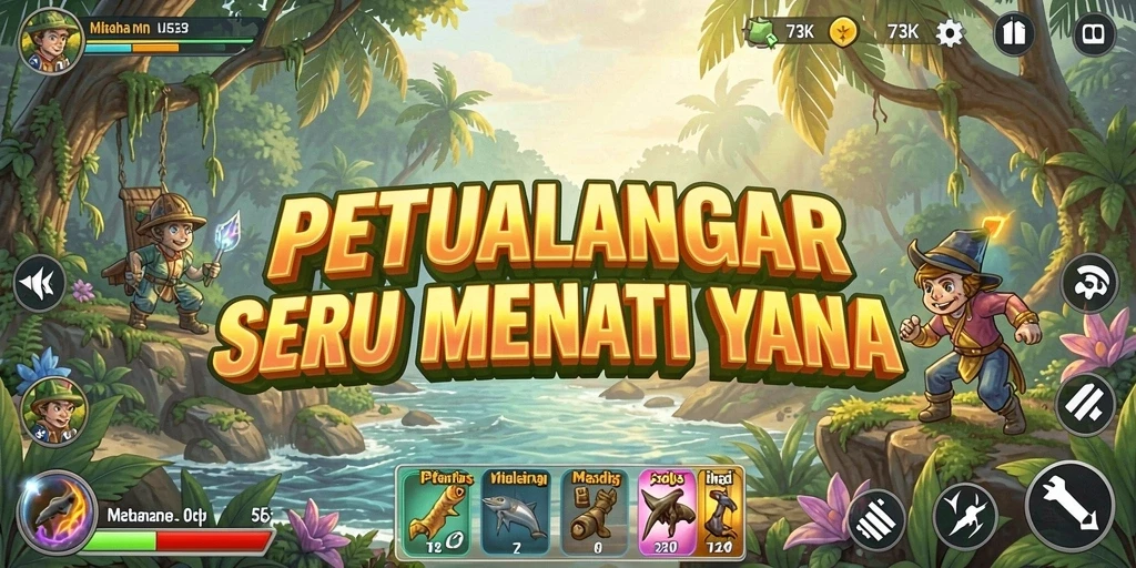 Tangkapan layar gameplay <strong>73K</strong> menampilkan petualangan seru dan pemandangan indah.