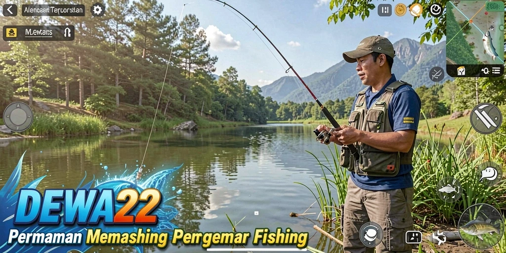 Tampilan gameplay DEWA22 saat menangkap ikan di lautan.