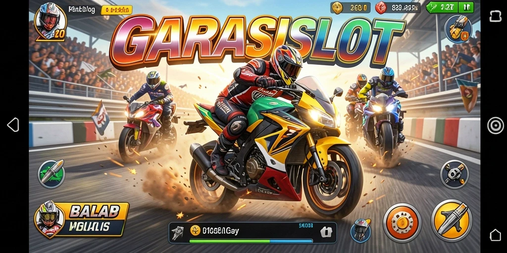 Gameplay seru dalam GARASISLOT yang menampilkan balap motor