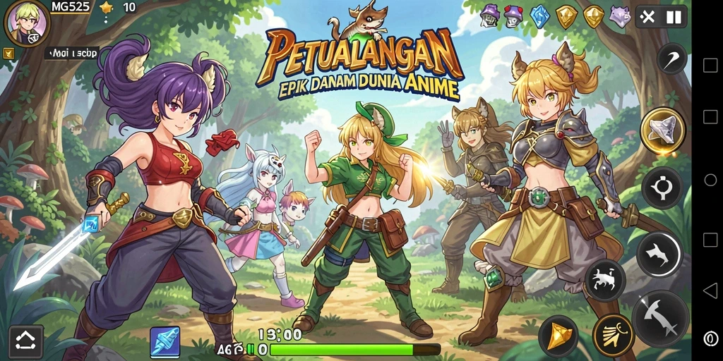 Tampilan gameplay MG525 yang menampilkan petualangan dalam dunia anime.
