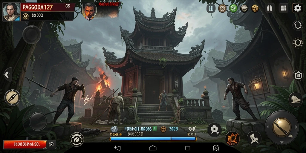 Screenshot menampilkan karakter utama di dalam pagoda yang menyeramkan.