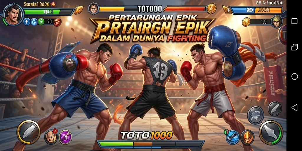 Tampilan layar permainan TOTO1000 menampilkan pertarungan epik antar karakter.